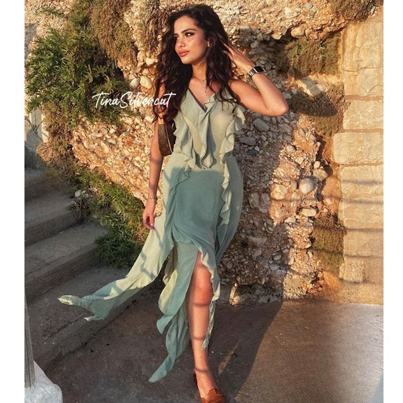 BLOGGER'S FAVE! Zara Long Ruffled Dress Sea Green NWT - Picture 11 of 17